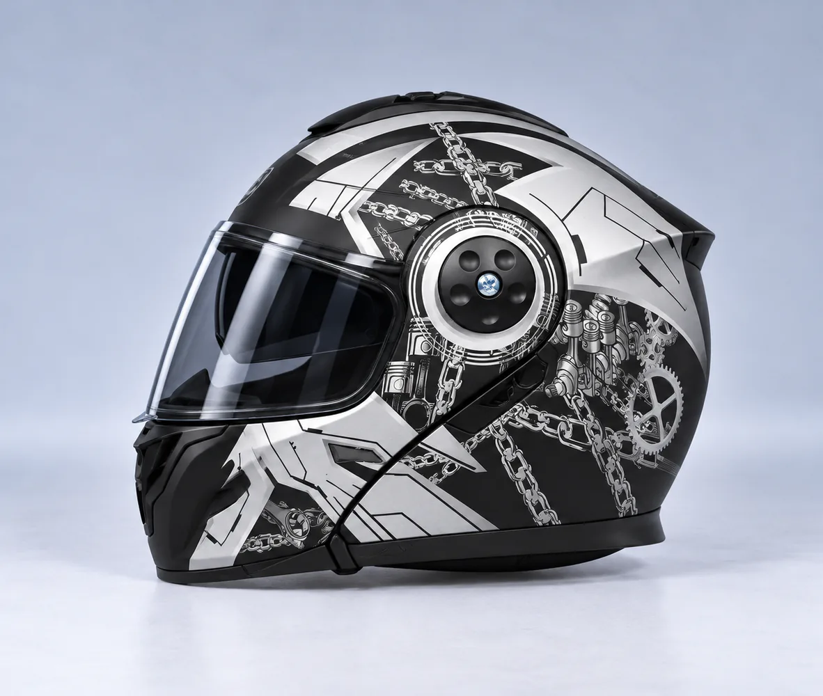 Penguin Piston Chain Graphic Modular Helmet, Matte Black / Grey Chain, side view