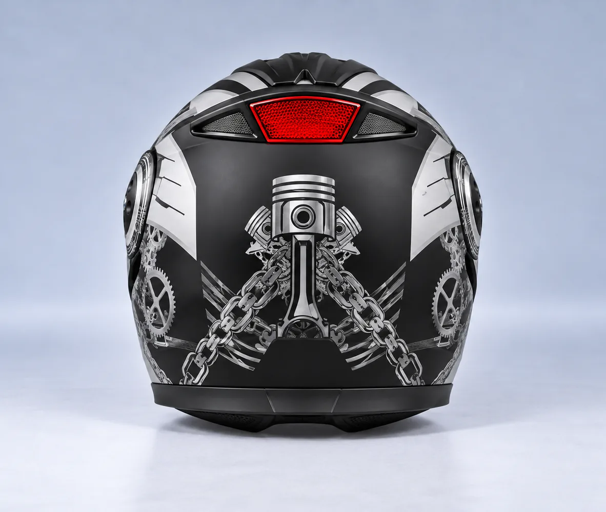 Penguin Piston Chain Graphic Modular Helmet, Matte Black / Grey Chain, rear view