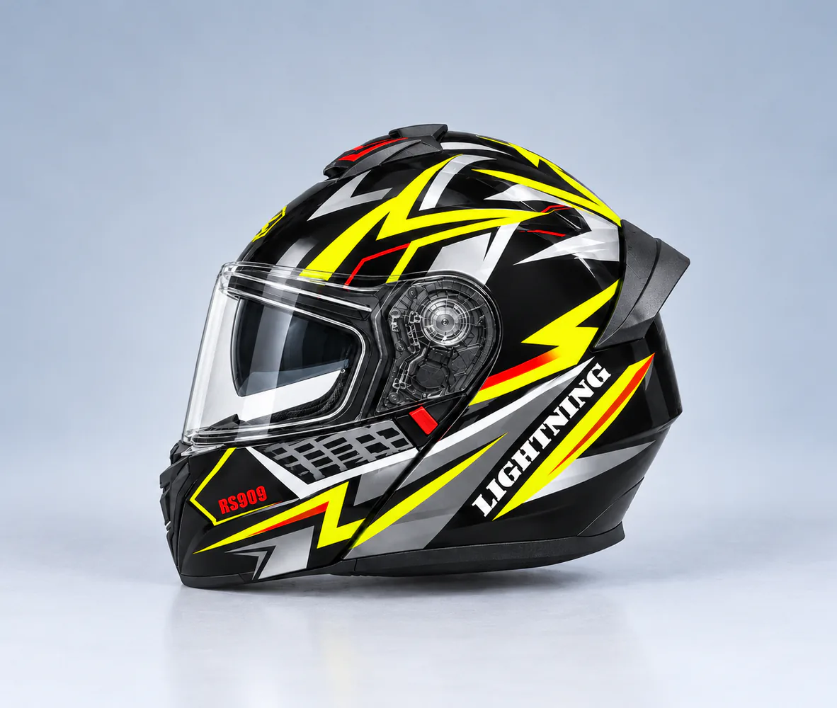 RS909 Lightning Modular Helmet, Gloss Black / Fluorescent Yellow / Silver, side view