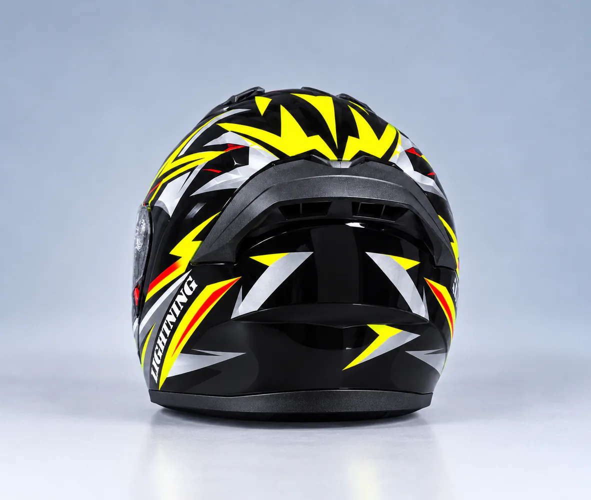 RS909 Lightning Modular Helmet, Gloss Black / Fluorescent Yellow / Silver, rear view