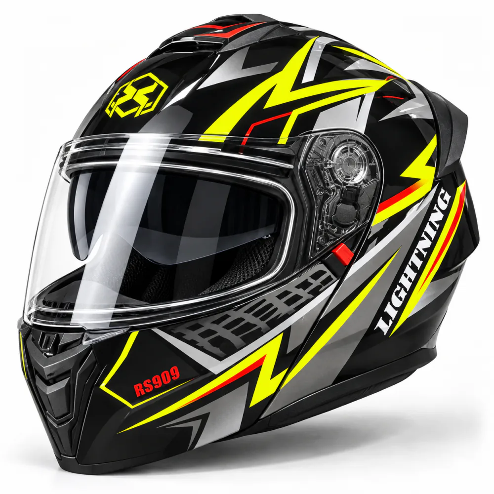 RS909 Lightning Modular Helmet, Gloss Black / Fluorescent Yellow / Silver, front view