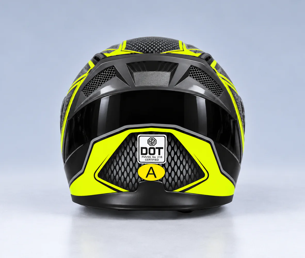 RZ Honeycomb Full Face Helmet, Gloss Black / Fluorescent Yellow Honeycomb, rear view