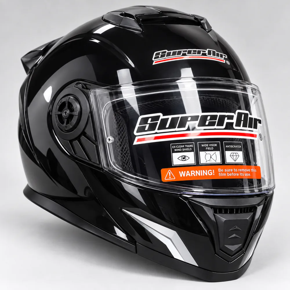 Super Air full face helmet in gloss black with a silver diamond and arrow graphic, one of the cheapest Super Air helmets in Pakistan