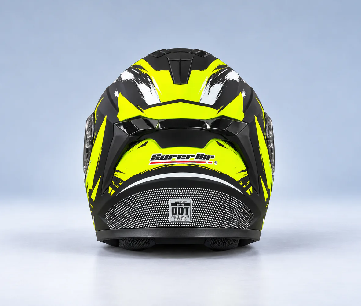 Super Air SP-915 Modular Helmet, Matte Black / Fluorescent Yellow Brush, rear view
