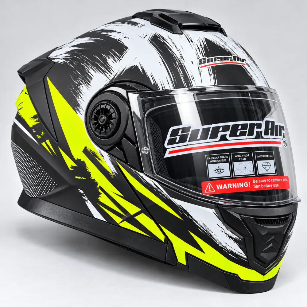 Super Air SP-915 flip-up helmet in matte black with a fluorescent yellow chin bar, illustrating Super Air helmet price in Pakistan