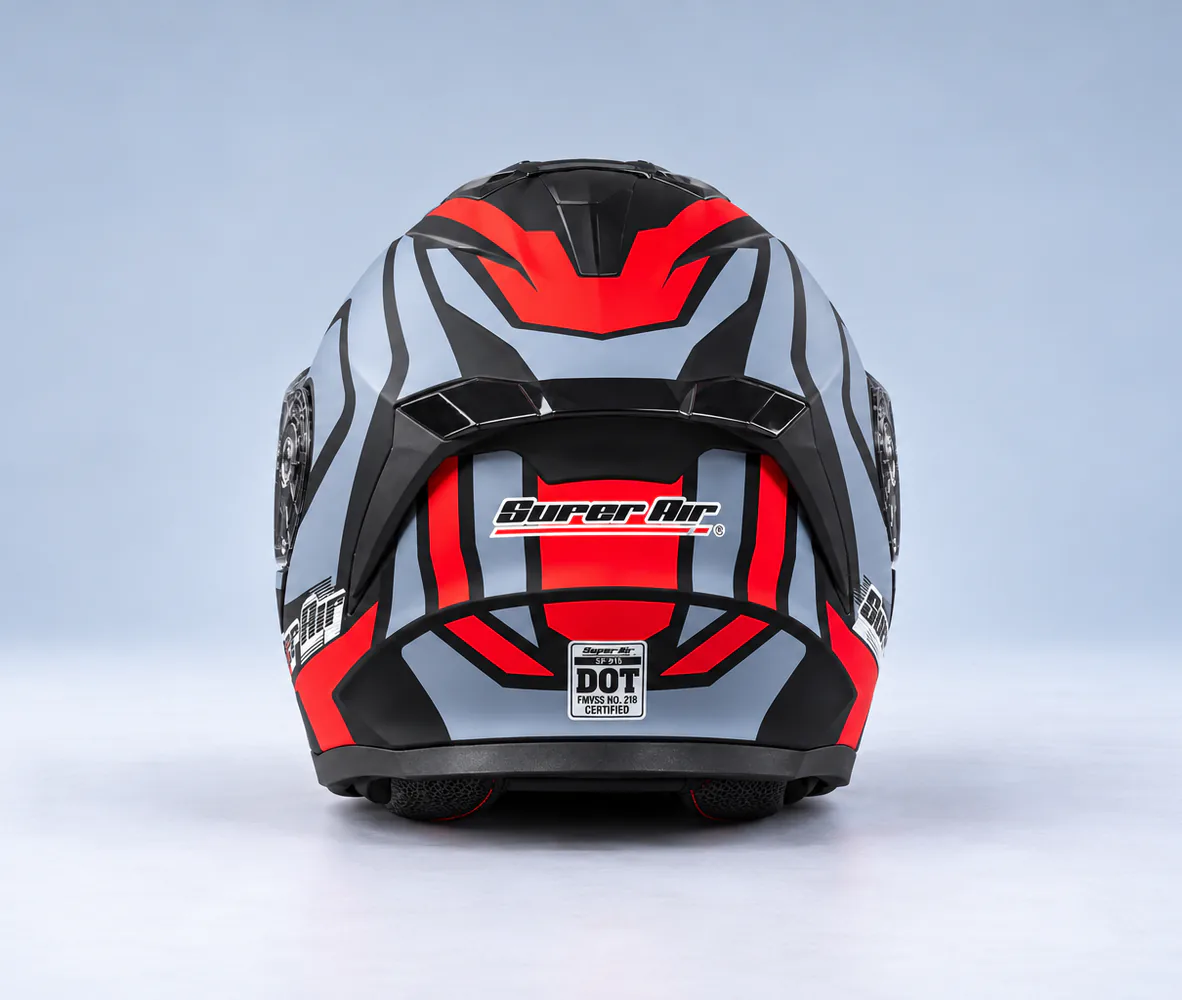 Super Air SP-915 Modular Helmet, Matte Grey / Red / Black, rear view