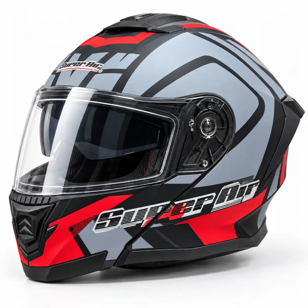Super Air SP-915 Modular Helmet, Matte Grey / Red / Black, front view
