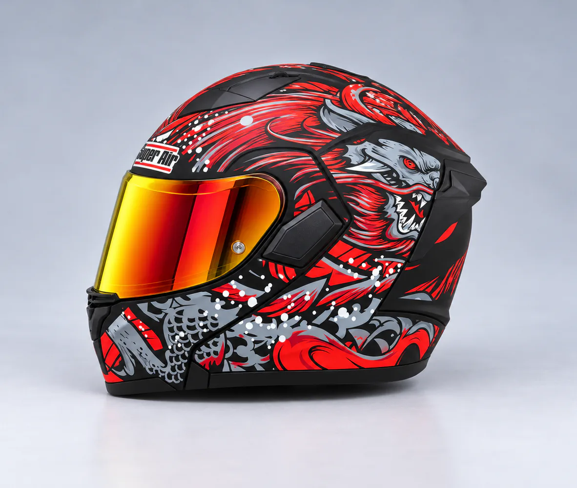 Super Air SP-918 Pro Full Face Helmet, Matte Black / Red Demon, side view