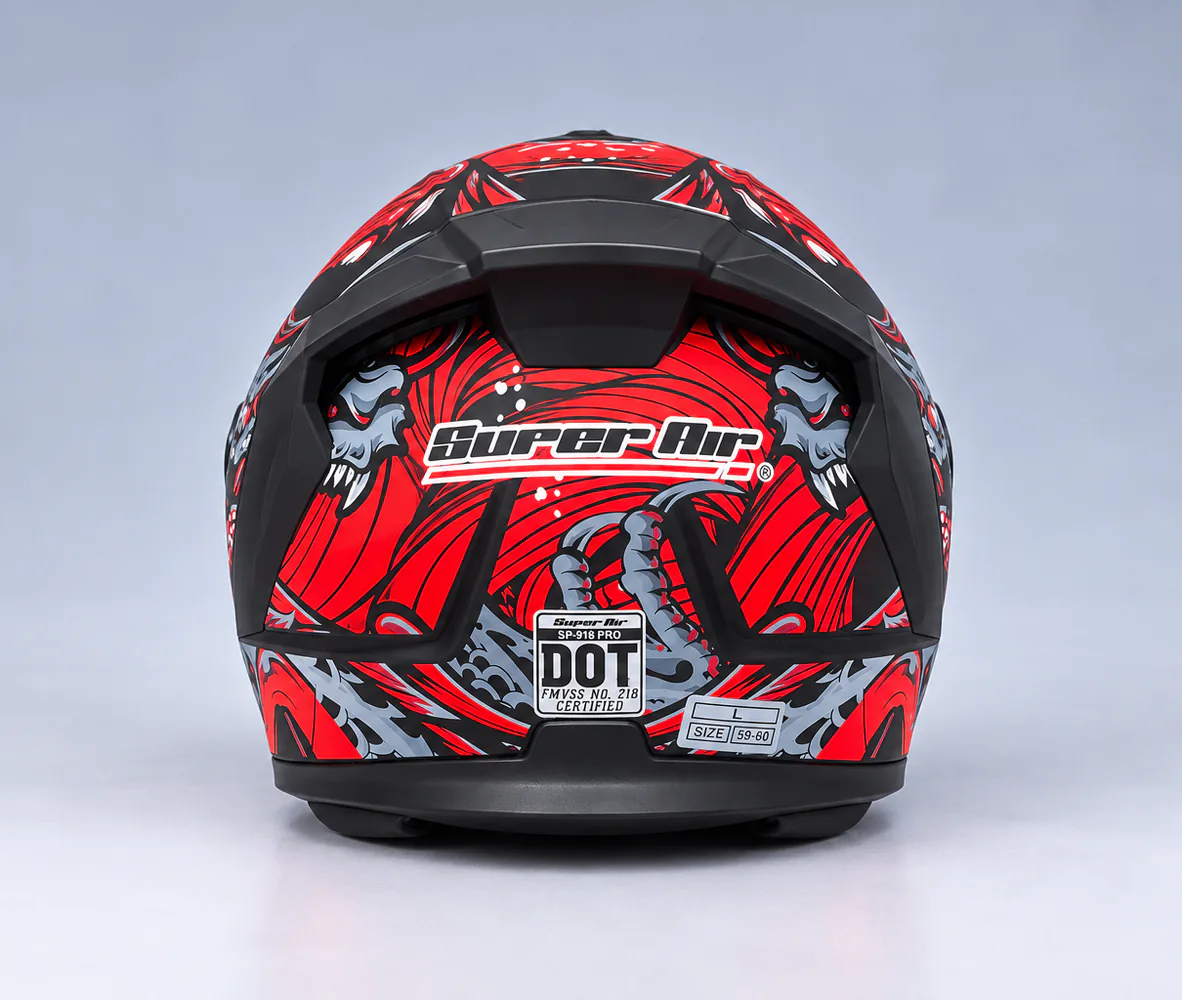 Super Air SP-918 Pro Full Face Helmet, Matte Black / Red Demon, rear view
