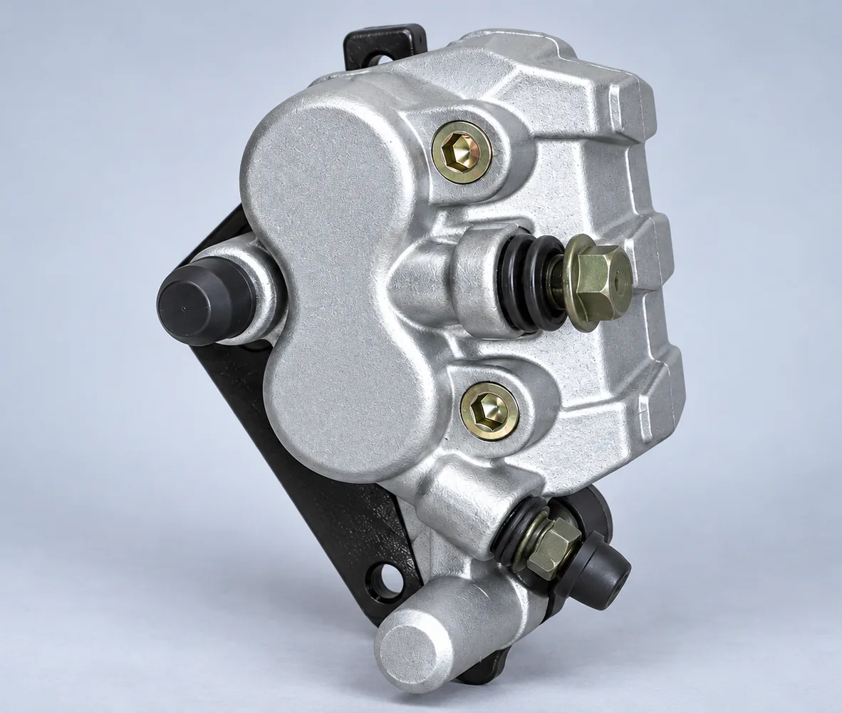 Twin-Piston Disc Brake Caliper with Mounting Bracket, front view