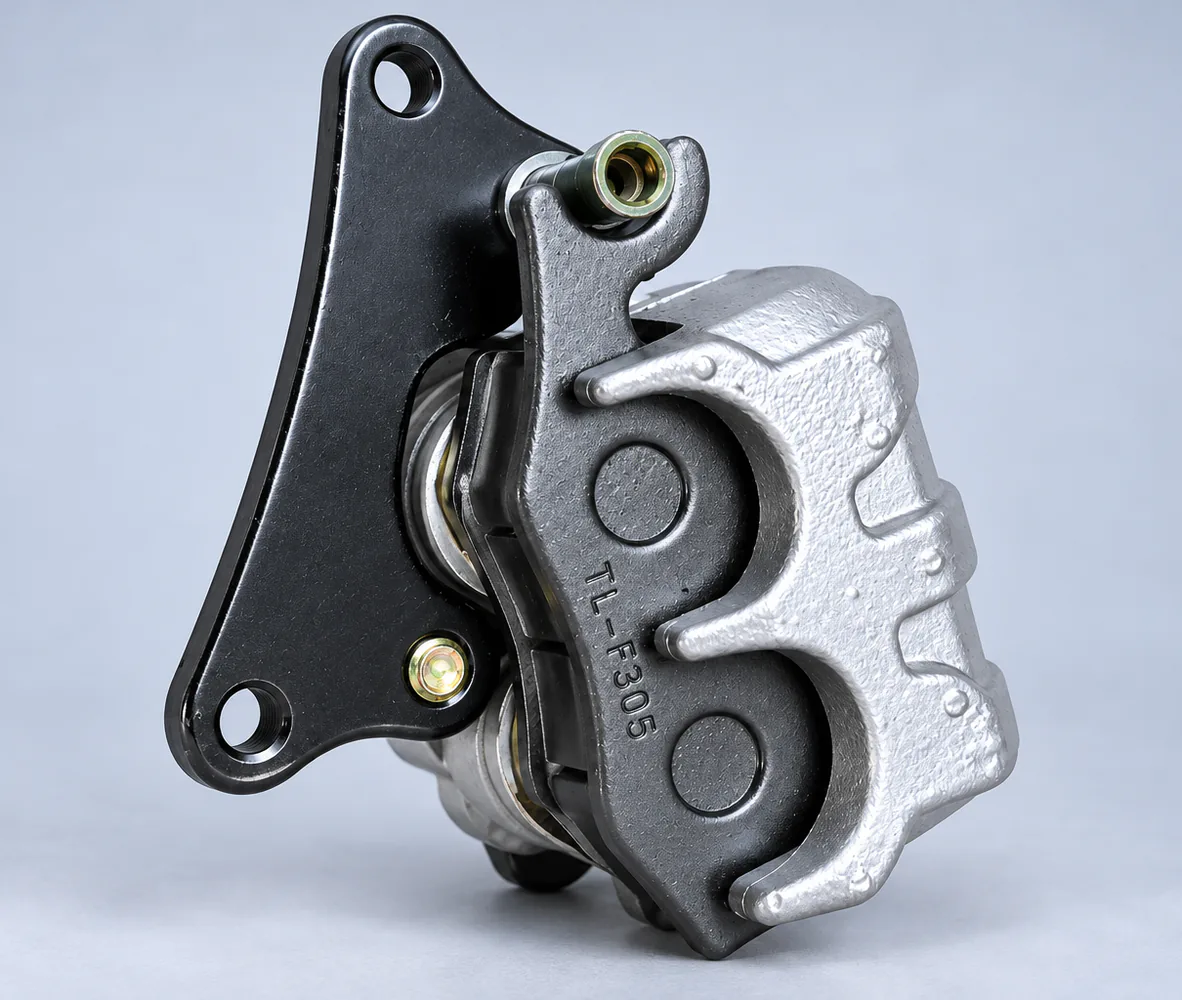 Twin-Piston Disc Brake Caliper with Mounting Bracket, side view