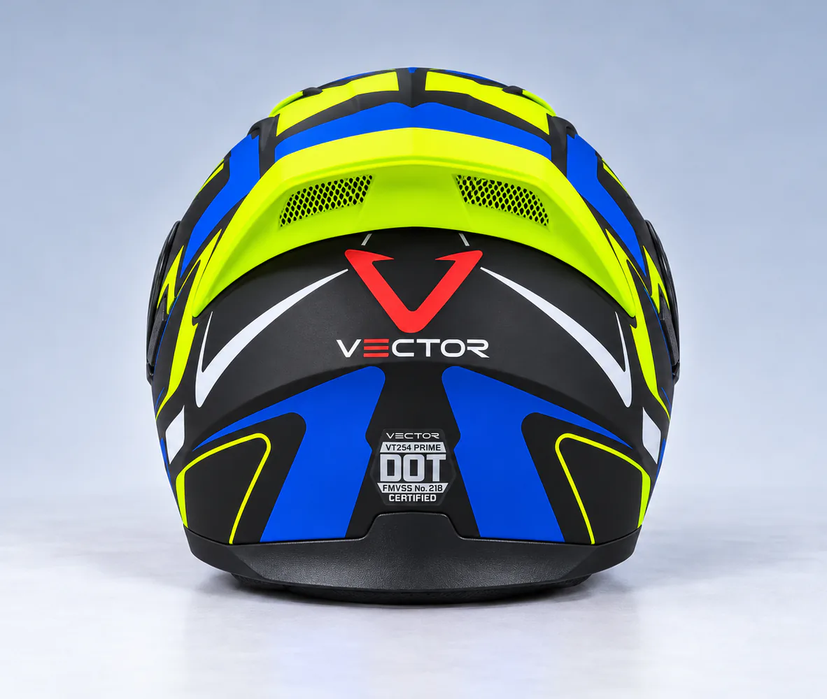Vector VT-254 Prime Modular Helmet, Blue / Fluorescent Yellow, rear view