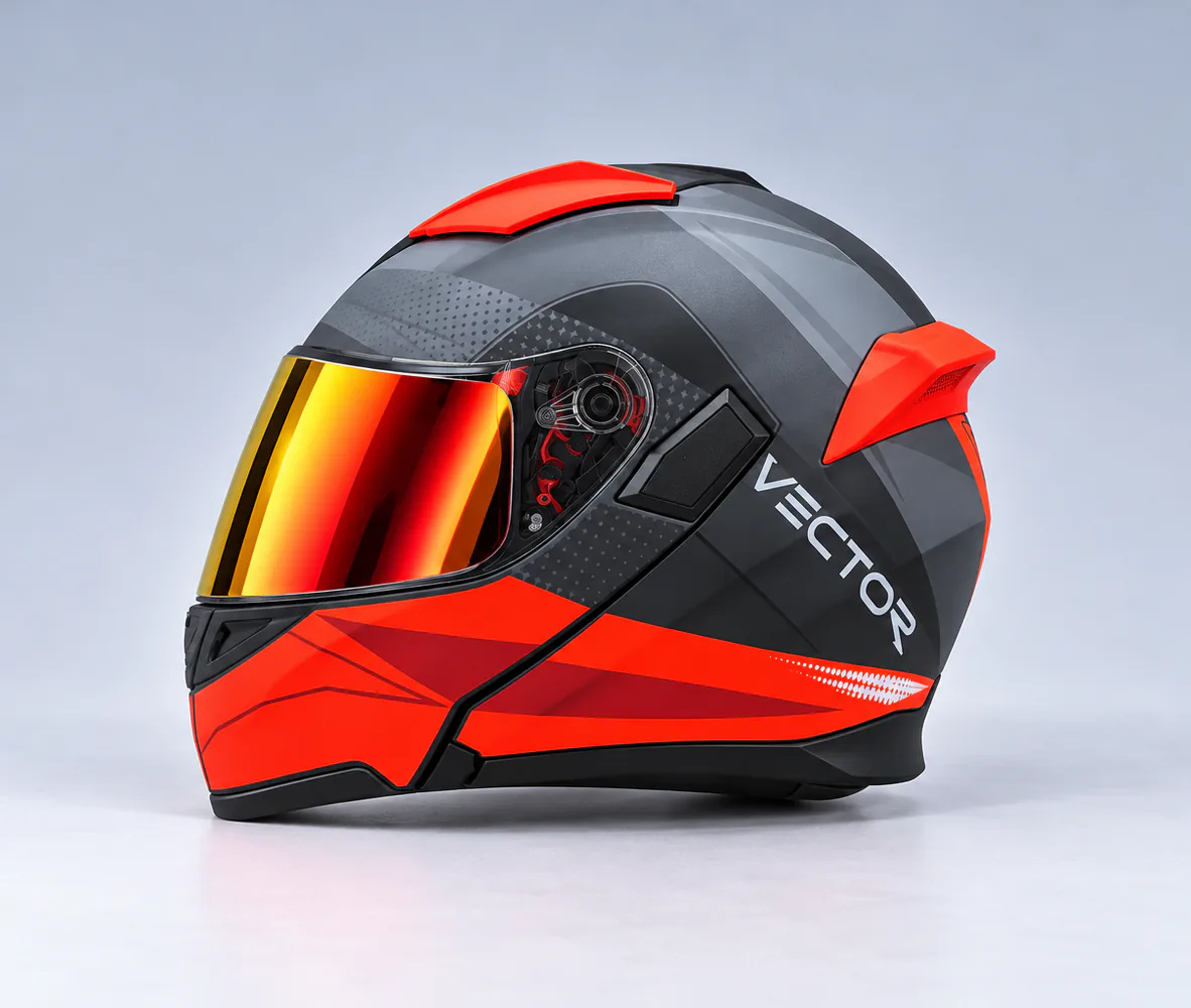 Vector VT-254 Prime Modular Helmet, Matte Grey / Fluorescent Red, side view