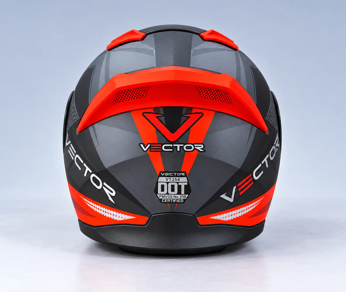 Vector VT-254 Prime Modular Helmet, Matte Grey / Fluorescent Red, rear view