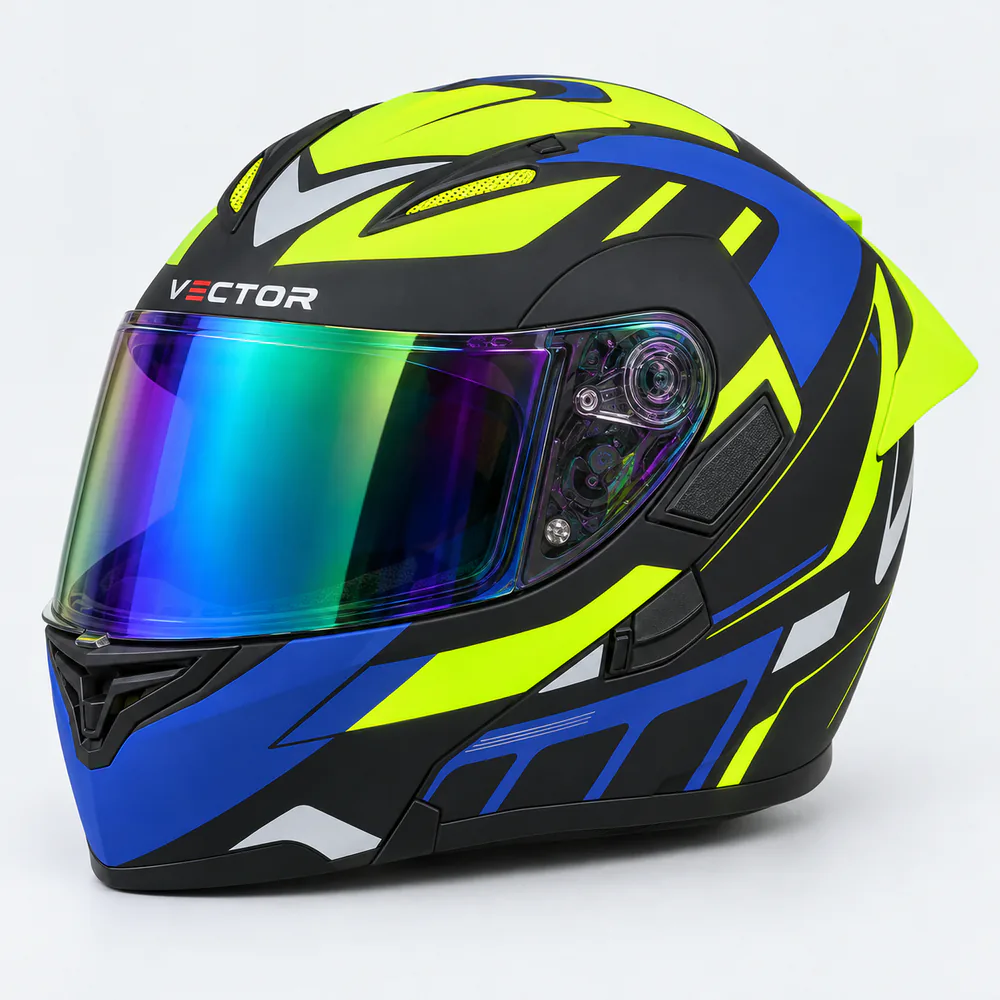 Vector VT-254 Prime Modular Helmet, Blue / Fluorescent Yellow graphic